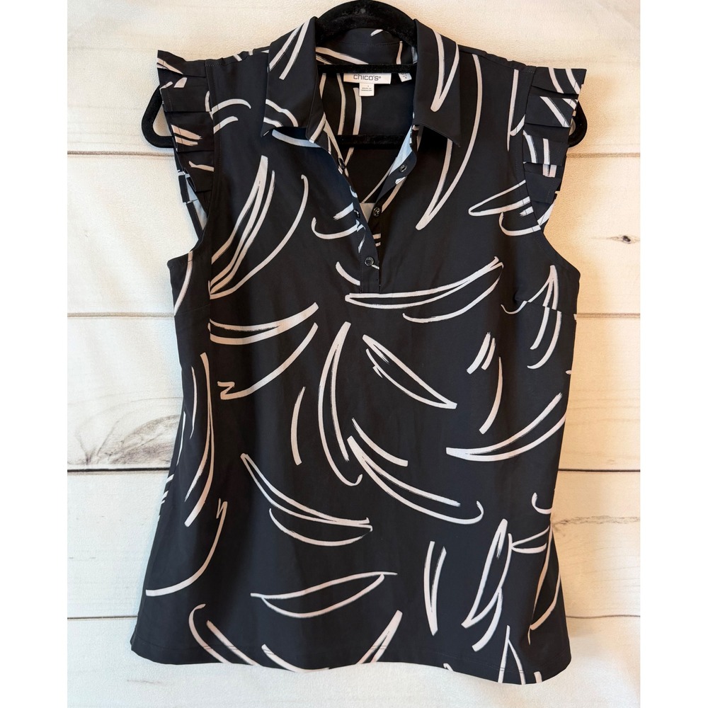 Chico's Black White Abstract Print Ruffle Sleeve Polo Blouse Top Size 0.5 US 6